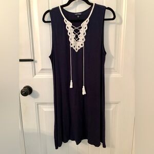 Navy Blue Sleeveless Vicose Dress, Petite Large Crochet Neckline w/tassels, EUC!